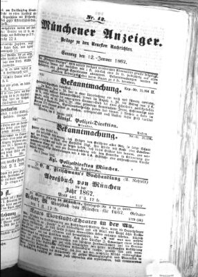 Münchener Anzeiger (Münchner neueste Nachrichten) Sonntag 12. Januar 1862
