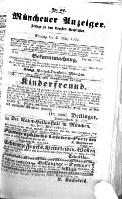 Münchener Anzeiger (Neueste Nachrichten aus dem Gebiete der Politik) Sonntag 2. März 1862