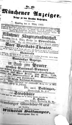Münchener Anzeiger (Neueste Nachrichten aus dem Gebiete der Politik) Samstag 8. März 1862