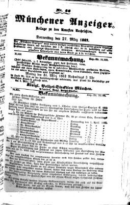 Münchener Anzeiger (Neueste Nachrichten aus dem Gebiete der Politik) Donnerstag 27. März 1862