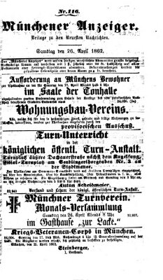 Münchener Anzeiger (Neueste Nachrichten aus dem Gebiete der Politik) Samstag 26. April 1862