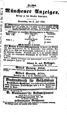 Münchener Anzeiger (Neueste Nachrichten aus dem Gebiete der Politik) Donnerstag 3. Juli 1862
