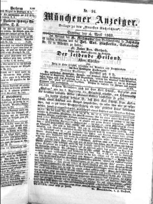 Münchener Anzeiger (Neueste Nachrichten aus dem Gebiete der Politik) Samstag 4. April 1863