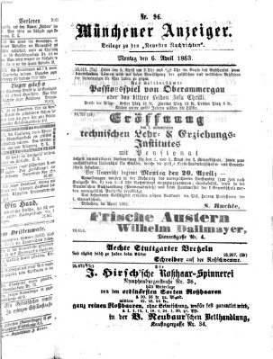 Münchener Anzeiger (Neueste Nachrichten aus dem Gebiete der Politik) Montag 6. April 1863