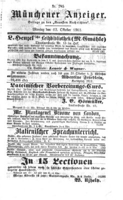 Münchener Anzeiger (Münchner neueste Nachrichten) Montag 12. Oktober 1863