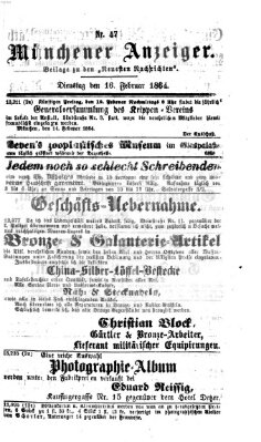 Münchener Anzeiger (Neueste Nachrichten aus dem Gebiete der Politik) Dienstag 16. Februar 1864