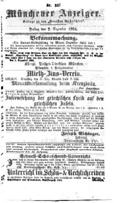 Münchener Anzeiger (Neueste Nachrichten aus dem Gebiete der Politik) Freitag 2. Dezember 1864