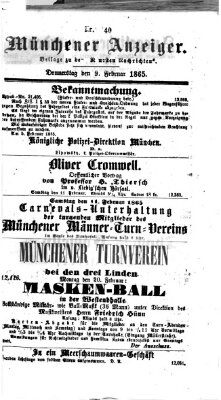 Münchener Anzeiger (Münchner neueste Nachrichten) Donnerstag 9. Februar 1865