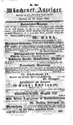 Münchener Anzeiger (Neueste Nachrichten aus dem Gebiete der Politik) Dienstag 29. August 1865