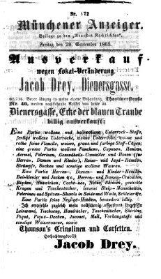 Münchener Anzeiger (Neueste Nachrichten aus dem Gebiete der Politik) Freitag 29. September 1865
