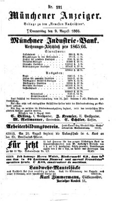 Münchener Anzeiger (Neueste Nachrichten aus dem Gebiete der Politik) Donnerstag 9. August 1866