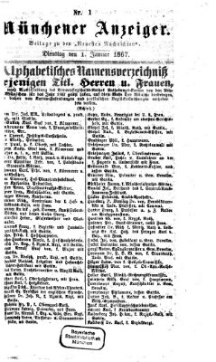 Münchener Anzeiger (Münchner neueste Nachrichten) Dienstag 1. Januar 1867