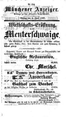 Münchener Anzeiger (Münchner neueste Nachrichten) Montag 3. Juni 1867