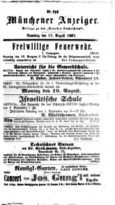 Münchener Anzeiger (Neueste Nachrichten aus dem Gebiete der Politik) Samstag 17. August 1867