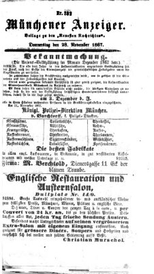 Münchener Anzeiger (Neueste Nachrichten aus dem Gebiete der Politik) Donnerstag 28. November 1867
