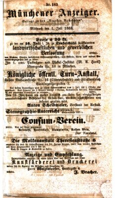 Münchener Anzeiger (Neueste Nachrichten aus dem Gebiete der Politik) Mittwoch 1. Juli 1868