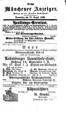 Münchener Anzeiger (Neueste Nachrichten aus dem Gebiete der Politik) Donnerstag 27. August 1868