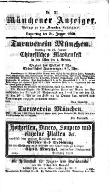 Münchener Anzeiger (Neueste Nachrichten aus dem Gebiete der Politik) Donnerstag 21. Januar 1869