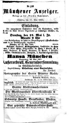 Münchener Anzeiger (Neueste Nachrichten aus dem Gebiete der Politik) Dienstag 18. Mai 1869