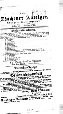 Münchener Anzeiger (Neueste Nachrichten aus dem Gebiete der Politik) Freitag 1. Oktober 1869