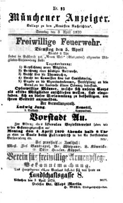 Münchener Anzeiger (Münchner neueste Nachrichten) Sonntag 3. April 1870