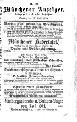 Münchener Anzeiger (Münchner neueste Nachrichten) Samstag 16. April 1870