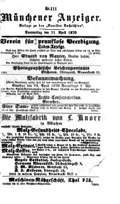 Münchener Anzeiger (Münchner neueste Nachrichten) Donnerstag 21. April 1870