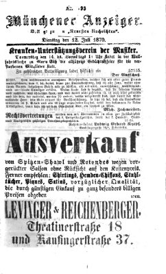 Münchener Anzeiger (Münchner neueste Nachrichten) Dienstag 12. Juli 1870