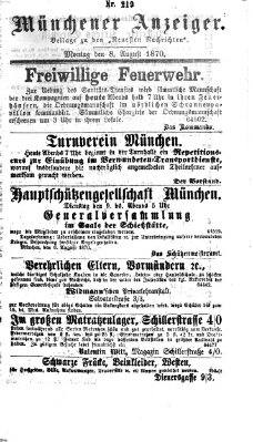 Münchener Anzeiger (Neueste Nachrichten aus dem Gebiete der Politik) Montag 8. August 1870