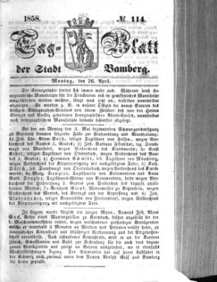 Tag-Blatt der Stadt Bamberg (Bamberger Tagblatt) Montag 26. April 1858
