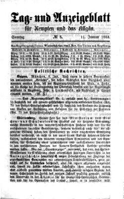 Tag- und Anzeigeblatt für Kempten und das Allgäu Sonntag 11. Januar 1863