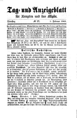 Tag- und Anzeigeblatt für Kempten und das Allgäu Dienstag 3. Februar 1863