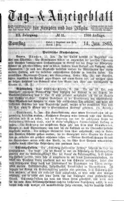Tag- und Anzeigeblatt für Kempten und das Allgäu Samstag 14. Januar 1865