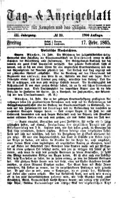 Tag- und Anzeigeblatt für Kempten und das Allgäu Freitag 17. Februar 1865