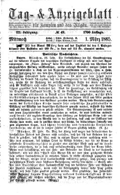 Tag- und Anzeigeblatt für Kempten und das Allgäu Mittwoch 1. März 1865