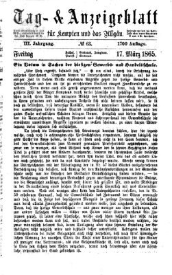 Tag- und Anzeigeblatt für Kempten und das Allgäu Freitag 17. März 1865