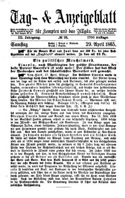 Tag- und Anzeigeblatt für Kempten und das Allgäu Samstag 29. April 1865