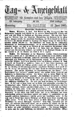 Tag- und Anzeigeblatt für Kempten und das Allgäu Sonntag 11. Juni 1865