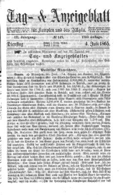 Tag- und Anzeigeblatt für Kempten und das Allgäu Dienstag 4. Juli 1865