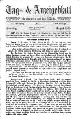Tag- und Anzeigeblatt für Kempten und das Allgäu Samstag 5. August 1865