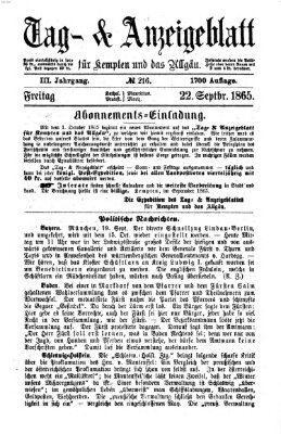 Tag- und Anzeigeblatt für Kempten und das Allgäu Freitag 22. September 1865