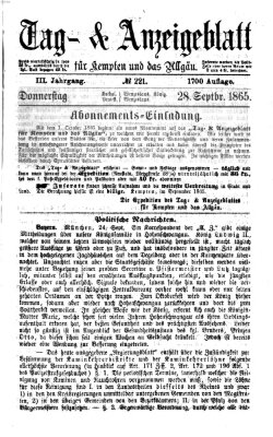 Tag- und Anzeigeblatt für Kempten und das Allgäu Donnerstag 28. September 1865