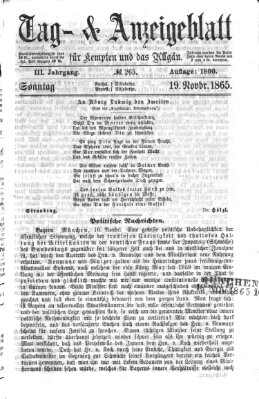 Tag- und Anzeigeblatt für Kempten und das Allgäu Sonntag 19. November 1865