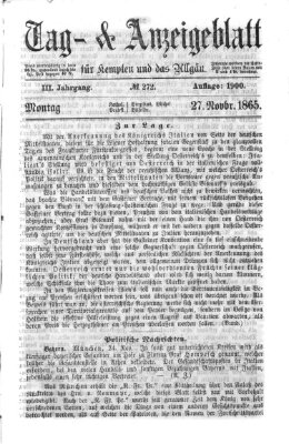 Tag- und Anzeigeblatt für Kempten und das Allgäu Montag 27. November 1865