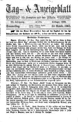 Tag- und Anzeigeblatt für Kempten und das Allgäu Donnerstag 30. November 1865