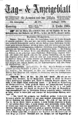 Tag- und Anzeigeblatt für Kempten und das Allgäu Sonntag 3. Dezember 1865
