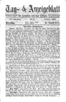 Tag- und Anzeigeblatt für Kempten und das Allgäu Samstag 21. April 1866