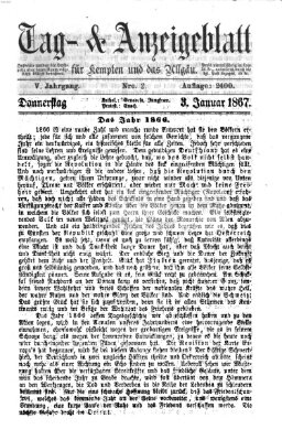 Tag- und Anzeigeblatt für Kempten und das Allgäu Donnerstag 3. Januar 1867