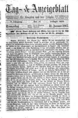 Tag- und Anzeigeblatt für Kempten und das Allgäu Donnerstag 31. Januar 1867
