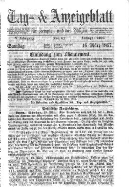 Tag- und Anzeigeblatt für Kempten und das Allgäu Samstag 16. März 1867
